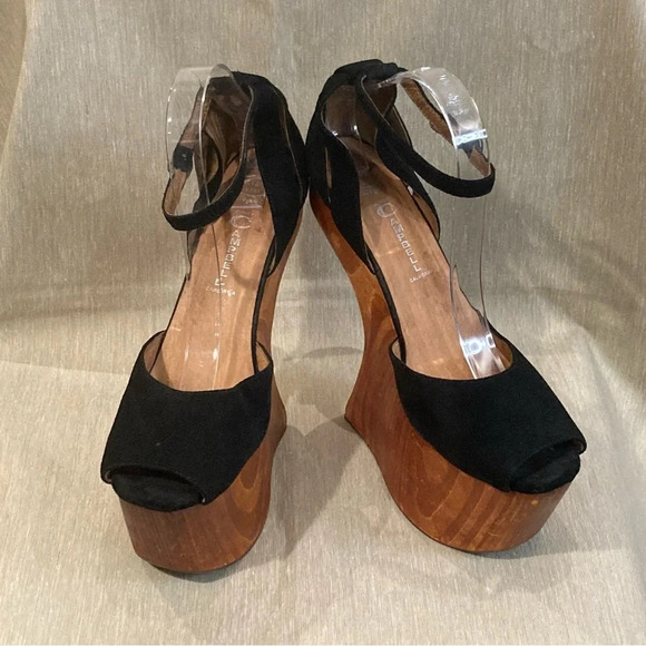 JEFFREY CAMPBELL Sz 9.5 Str8up Wood Heel-less  Ankle Strap Black Sandals - Picture 2 of 9